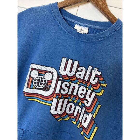 Walt Disney World Retro Blue Crewneck Rainbow Sweatshirt front pockets SIZE Med - Picture 2 of 14